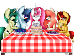 Size: 1800x1350 | Tagged: safe, artist:kawurin, oc, oc only, oc:pink lovely neko, pegasus, pony, unicorn, cake, cupcake, female, food, mare, milestone, simple background, table, transparent background