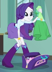 Size: 430x586 | Tagged: safe, screencap, rarity, equestria girls, g4, my little pony equestria girls, bag, bent over, boots, bracelet, clothes, cropped, dress, female, hand on knee, high heel boots, jewelry, skirt, solo