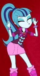 Size: 281x542 | Tagged: safe, screencap, sonata dusk, equestria girls, g4, my little pony equestria girls: rainbow rocks, battle of the bands, bracelet, cropped, eyes closed, female, heart, jewelry, music notes, pendant, red background, simple background, solo, spikes