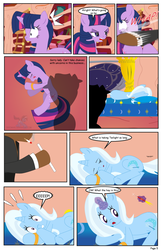 Size: 792x1224 | Tagged: safe, artist:dekomaru, trixie, twilight sparkle, oc, oc:lock-down, pony, comic:the greatest gift, g4, comic, dart, golden oaks library, magic, punch