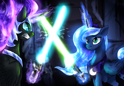 Size: 2218x1552 | Tagged: safe, artist:not-ordinary-pony, nightmare moon, princess luna, alicorn, pony, g4, crossover, fangs, female, glowing horn, gritted teeth, helmet, horn, lightsaber, looking at each other, magic, mare, star wars, weapon