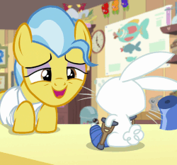 Size: 546x508 | Tagged: safe, screencap, angel bunny, doctor fauna, pony, fluttershy leans in, g4, angel is a bunny bastard, animal, animated, crutches, female, gif, injured, raspberry, tongue out, ungrateful
