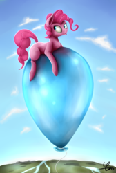 Size: 2691x4000 | Tagged: safe, artist:quefortia, pinkie pie, earth pony, pony, g4, balloon, cloud, female, floating, looking back, mare, sky, solo, tongue out