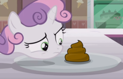 Size: 691x446 | Tagged: safe, edit, edited screencap, screencap, sweetie belle, pony, unicorn, forever filly, g4, female, fetish, food, poop, solo, sweetie's plate