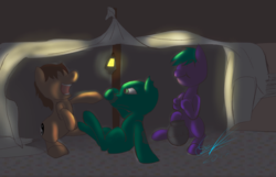 Size: 2600x1673 | Tagged: safe, artist:gift, oc, oc only, oc:living dead, oc:nighthook, oc:spirit wind, earth pony, pegasus, pony, zombie, blanket fort, boop, eating, laughing, silly