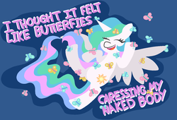 Size: 1235x839 | Tagged: safe, artist:threetwotwo32232, princess celestia, alicorn, butterfly, pony, two best sisters play, g4, female, mare, missing accessory, patlestia, solo, two best friends play