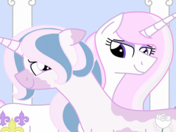Size: 2048x1536 | Tagged: safe, artist:kindheart525, fleur-de-lis, oc, oc:primrose, pony, unicorn, kindverse, g4, looking at each other, mother and daughter, offspring, parent:fancypants, parent:fleur-de-lis, parents:fancyfleur, vitiligo