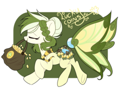 Size: 2158x1564 | Tagged: safe, artist:nuryndork, oc, oc only, oc:lucky coins, original species, bag, coin, mouth hold, solo