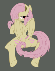 Size: 1757x2264 | Tagged: safe, artist:mysweetstomach, fluttershy, bat pony, pony, semi-anthro, g4, back, butt, covering, dock, female, flutterbat, looking at you, looking back, mare, plot, race swap, rear view, simple background, solo, tail covering