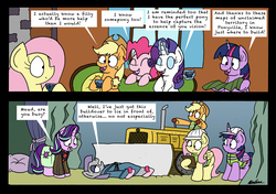 Size: 3477x2446 | Tagged: safe, artist:bobthedalek, applejack, fluttershy, maud pie, pinkie pie, rarity, starlight glimmer, twilight sparkle, alicorn, pony, fluttershy leans in, g4, rock solid friendship, arthur dent, bathrobe, bulldozer, clothes, comic, dialogue, ford prefect, high res, hitchhiker's guide to the galaxy, l. prosser, maud's cave, see who rusts first, twilight sparkle (alicorn)