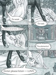 Size: 1024x1365 | Tagged: safe, artist:tillie-tmb, nightmare moon, princess celestia, pony, comic:the amulet of shades, g4, comic, crying, monochrome