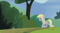 Size: 615x340 | Tagged: safe, artist:小凱, edit, edited screencap, screencap, braeburn, derpy hooves, pinkie pie, pegasus, pony, saddle up!, g4, rock solid friendship, abuse, animated, chinese, derpybuse, female, gif, mare, throwing