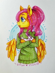 Size: 3120x4160 | Tagged: safe, artist:kitsu-chan11, fluttershy, rabbit, anthro, g4, blushing, clothes, female, high res, open mouth, solo, sweater, sweatershy, traditional art