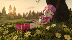 Size: 2000x1125 | Tagged: safe, artist:yanpictures, sweetie belle, human, pony, equestria girls, g4, 3d, boots, clothes, cuddling, cute, diasweetes, eyes closed, flower, human ponidox, meadow, river, self ponidox, sitting, skirt, sleeping, snuggling, source filmmaker, sunset, tree