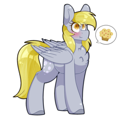 Size: 2048x1938 | Tagged: safe, artist:blackmagicdapony, derpy hooves, pony, g4, blushing, chest fluff, colored pupils, female, food, muffin, simple background, solo, speech bubble, transparent background