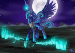 Size: 3496x2480 | Tagged: safe, artist:moon-wing, princess luna, pony, g4, armor, crying, female, fissure, floppy ears, high res, magic, moon, night, s1 luna, solo, spread wings, stars, wings