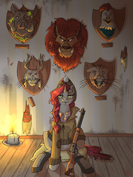 Size: 3000x4000 | Tagged: safe, artist:sourcherry, oc, oc only, unnamed oc, cockatrice, jackalope, manticore, naked mole rat, pony, unicorn, fallout equestria, candle, decapitated, female, floor, gun, hunter, hunting trophy, implied murder, mare, mounted head, radhog, rifle, severed head, taxidermy, trophy, wallpaper, weapon