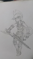 Size: 1152x2048 | Tagged: safe, applejack, equestria girls, g4, female, final fantasy, monochrome, pencil drawing, shield, solo, sword, traditional art, weapon