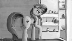 Size: 1920x1080 | Tagged: safe, artist:pinkietrash, sunset shimmer, pony, g4, banana, cake, female, food, grayscale, magic, monochrome, raised hoof, refrigerator, solo, telekinesis