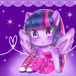Size: 768x768 | Tagged: safe, artist:krisscheen, twilight sparkle, equestria girls, g4, boots, chibi, fall formal outfits, female, looking at you, ponied up, pony ears, sitting, smiling, solo, twilight ball dress, watermark, wings
