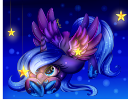 Size: 3160x2580 | Tagged: safe, artist:minelvi, artist:minteadraws, princess luna, alicorn, pony, g4, collaboration, female, filly, floppy ears, foal, high res, solo, sparkly eyes, spread wings, stars, tangible heavenly object, wingding eyes, wings, woona, younger