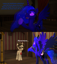 Size: 1920x2160 | Tagged: safe, artist:red4567, princess luna, raven, pony, g4, 3d, edgar allan poe, missing accessory, name pun, namesake, nevermore, quote, source filmmaker, the raven, unamused