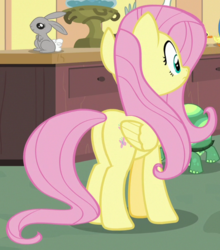 Size: 530x603 | Tagged: safe, screencap, fluttershy, tank, pony, rabbit, fluttershy leans in, g4, butt, cropped, female, mare, plot