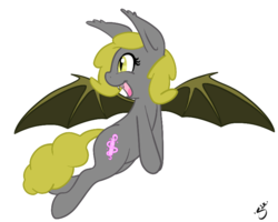 Size: 763x611 | Tagged: safe, artist:silver1kunai, oc, oc only, oc:soma, bat pony, pony, fangs, female, flying, mare, simple background, smiling, solo, white background
