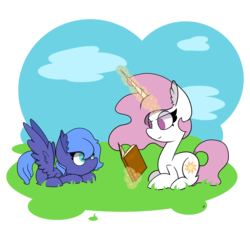 Size: 8267x8267 | Tagged: safe, artist:rainelathepegasus00, princess celestia, princess luna, pegasus, pony, unicorn, g4, absurd resolution, book, cute, headcanon, levitation, lunabetes, magic, pink-mane celestia, race swap, royal sisters, s1 luna, simple background, spread wings, telekinesis, transparent background, unicorn celestia, wings, younger