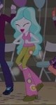 Size: 80x148 | Tagged: safe, screencap, paisley, equestria girls, g4, my little pony equestria girls: friendship games, balloon, boots, chair, clothes, cropped, dancing, eyes closed, female, flower, high heel boots, picture for breezies, raised leg, shoes, solo