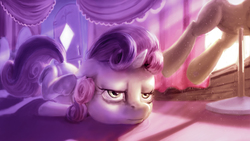 Size: 3569x2007 | Tagged: safe, artist:skribbler84, sweetie belle, pony, g4, bored, carousel boutique, crepuscular rays, dust motes, female, high res, mannequin, ponyquin, scootie belle, solo, underhoof