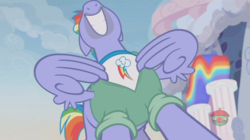Size: 1236x692 | Tagged: safe, screencap, bow hothoof, pegasus, pony, g4, parental glideance, bow's t-shirt, male, meme origin, nose in the air, stallion, treehouse logo, volumetric mouth, wing hands