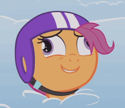 Size: 478x414 | Tagged: safe, screencap, scootaloo, pony, g4, parental glideance, season 7, animated, cloud, cropped, derp, dizzy, female, gif, grin, helmet, nailed it, open mouth, scootaderp, silly, silly pony, smiling, solo, stuck