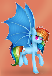 Size: 1587x2319 | Tagged: safe, artist:skashigame, rainbow dash, bat pony, pony, g4, female, race swap, rainbowbat, simple background, solo, spread wings, wings