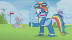 Size: 1236x692 | Tagged: safe, screencap, bow hothoof, rainbow dash, windy whistles, pegasus, pony, g4, parental glideance, angry, animation error, backwards cutie mark, female, male, mare, missing wing, rainbow dash's parents, ship:windyhoof, stallion, treehouse logo, trio, wing hands, wingless