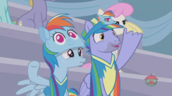 Size: 1236x692 | Tagged: safe, screencap, bow hothoof, ponet, spring melody, sprinkle medley, twinkleshine, windy whistles, pegasus, pony, g4, parental glideance, cheering, hat, male, rainbow dash's parents, ship:windyhoof, stallion, visor