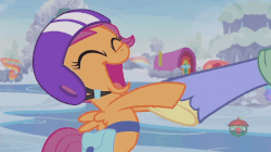 Size: 730x408 | Tagged: safe, screencap, bow hothoof, scootaloo, pegasus, pony, g4, parental glideance, season 7, animated, cute, cutealoo, duo, female, filly, foal, gif, happy, helmet, hoofshake, male, offscreen character, saddle bag, squee, stallion