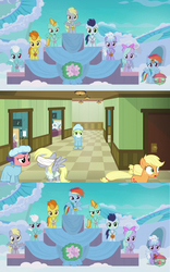 Size: 1200x1922 | Tagged: safe, screencap, applejack, cloudchaser, derpy hooves, fleetfoot, flitter, granny smith, lightning dust, rainbow dash, soarin', soft scrubs, spitfire, pony, g4, my little pony: friendship is magic, parental glideance, where the apple lies, theory, unnamed character, unnamed pony