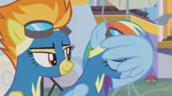 Size: 1236x692 | Tagged: safe, screencap, rainbow dash, spitfire, pony, g4, parental glideance, clothes, facewing, goggles, spitfire is amused, uniform, wing hands, wonderbolts uniform