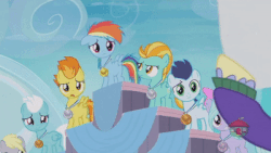 Size: 400x225 | Tagged: safe, screencap, bow hothoof, derpy hooves, fleetfoot, flitter, lightning dust, rainbow dash, soarin', spitfire, pegasus, pony, g4, parental glideance, animated, colt, colt soarin', female, filly, filly derpy, filly fleetfoot, filly flitter, filly lightning dust, filly rainbow dash, filly spitfire, foal, gif, male, offscreen character, younger