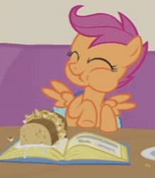 Size: 219x251 | Tagged: safe, screencap, scootaloo, pegasus, pony, g4, parental glideance, animated, aweeg*, chewing, cropped, cute, cutealoo, eating, eyes closed, female, filly, food, gif, pasta and potato sandwich on sourdough, puffy cheeks, sandwich, scrapbook, solo