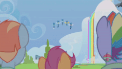 Size: 400x225 | Tagged: safe, screencap, bow hothoof, fleetfoot, high winds, rainbow dash, scootaloo, soarin', spitfire, windy whistles, pegasus, pony, g4, parental glideance, animated, female, gif, lightning, male, mare, rainbow, rainbow dash's parents, ship:windyhoof, smoke trail, stallion