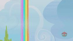 Size: 400x225 | Tagged: safe, screencap, bow hothoof, fleetfoot, high winds, rainbow dash, scootaloo, soarin', spitfire, windy whistles, pegasus, pony, g4, parental glideance, animated, animated screencap, female, gif, liquid rainbow, male, mare, rainbow, rainbow dash's parents, ship:windyhoof, stallion
