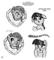 Size: 1500x1643 | Tagged: safe, artist:nimaru, sunburst, twilight sparkle, pony, g4, avatar the last airbender, floppy ears, king bumi, monochrome, panic