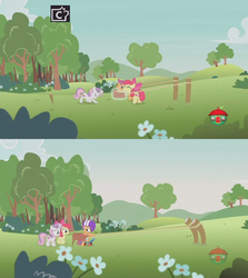 Size: 1234x1384 | Tagged: safe, screencap, apple bloom, scootaloo, sweetie belle, earth pony, pony, g4, parental glideance, animation error, cutie mark crusaders, layout error, slingshot