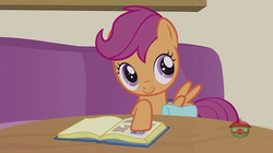 Size: 1279x715 | Tagged: safe, screencap, scootaloo, pegasus, pony, g4, parental glideance, book, cute, cutealoo, female, filly, raised hoof, saddle bag, scrapbook, smiling, solo