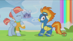 Size: 1366x768 | Tagged: safe, screencap, spitfire, windy whistles, pegasus, pony, g4, parental glideance, clothes, duo, looking at you, rainbow, rainbow waterfall, uniform, wonderbolts uniform