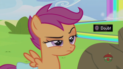 Size: 1277x713 | Tagged: safe, edit, edited screencap, screencap, scootaloo, pegasus, pony, g4, parental glideance, doubt, eyebrows, female, l.a. noire, playstation 3, press x to doubt, raised eyebrow, solo