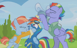 Size: 678x429 | Tagged: safe, screencap, bow hothoof, rainbow dash, windy whistles, pegasus, pony, g4, parental glideance, animated, cheek rub, clothes, cute, father and daughter, female, gif, goggles, loop, male, mare, mother and daughter, noogie, rainbow dash's parents, ship:windyhoof, squishy cheeks, stallion, uniform, wonderbolts uniform
