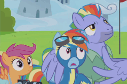 Size: 665x443 | Tagged: safe, screencap, bow hothoof, rainbow dash, scootaloo, pegasus, pony, g4, parental glideance, animated, camera, clothes, eyeroll, facehoof, faic, father and child, father and daughter, female, floppy ears, gif, goggles, hug, laughing, male, mare, rainbow dash is best facemaker, saddle bag, stallion, trio, uniform, winghug, wonderbolts uniform